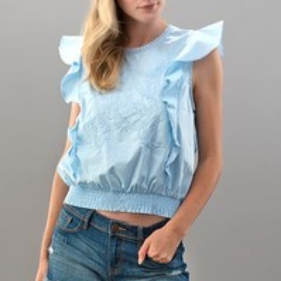 Tops - Light Blue smocked embroidered sleeveless top